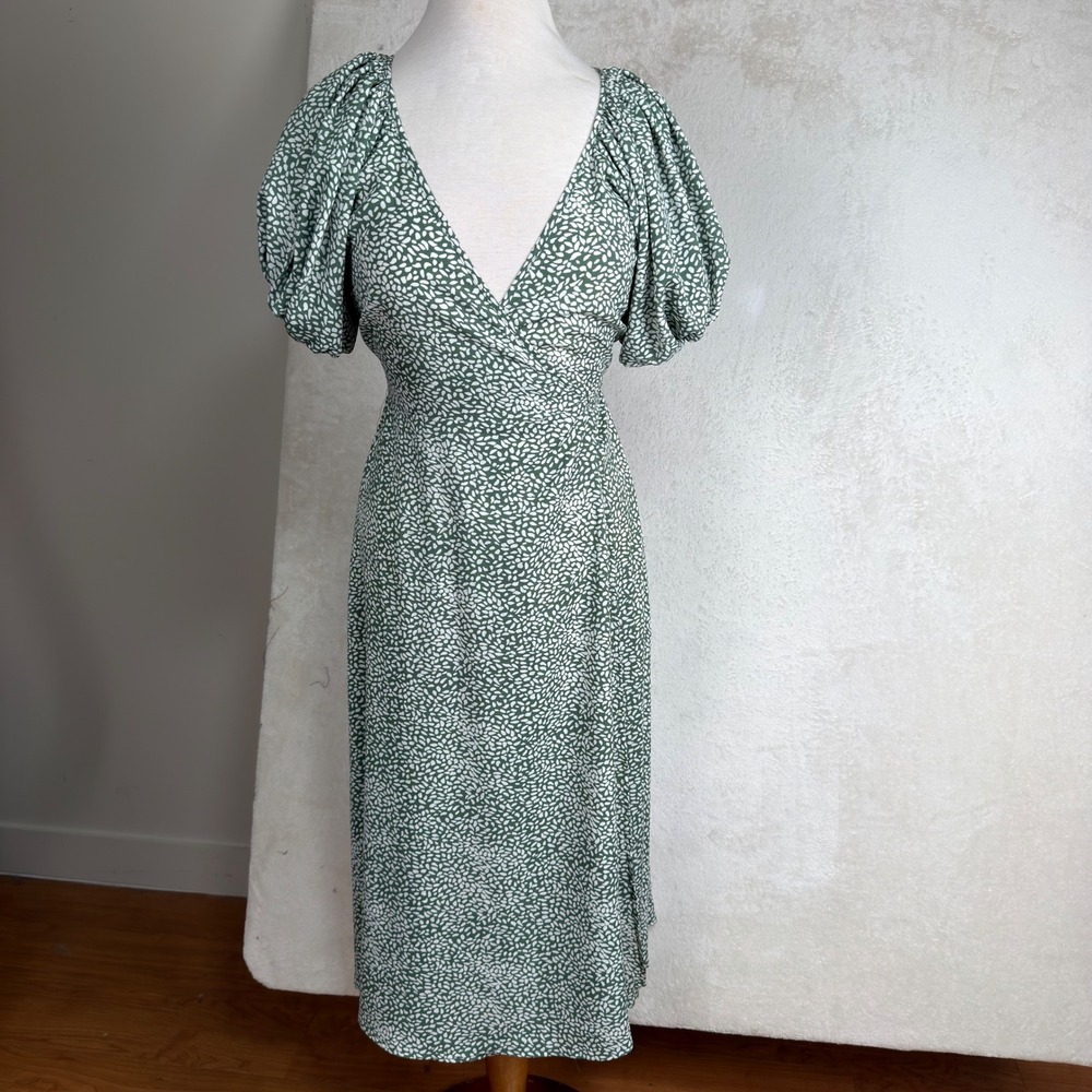 Lovecolette Green White Petal Print Puff Sleeve Wrap Midi Dress Cottagecore S